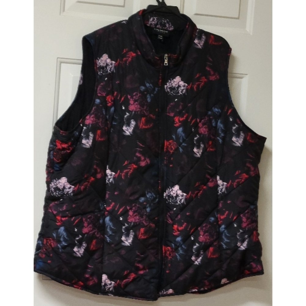 Lane Bryant Womens Puffer Vest Full Zip BLack Floral Pockets Zip Plus Size 26 28